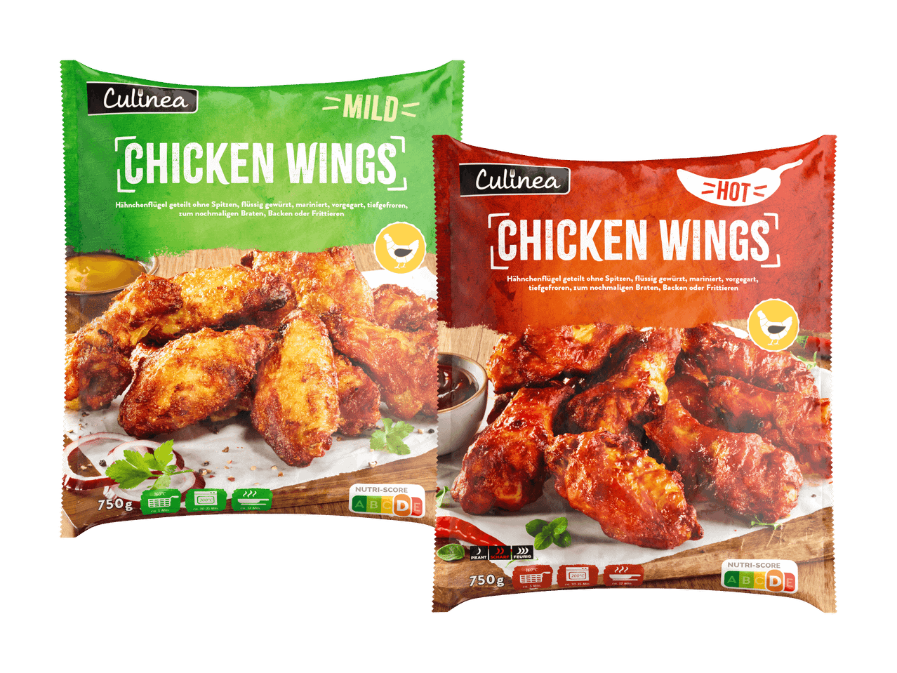 Zwei Culinea Chicken Wings Packungen: eine mild, eine scharf.