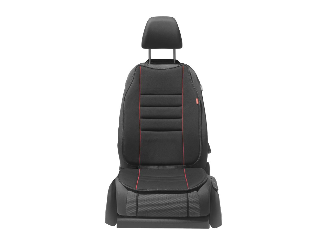 Black car seat cover with red stitching and headrest