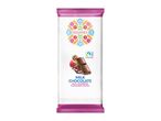 Milk chocolate bar with raspberry filling, Fairtrade cocoa, and folk art design.