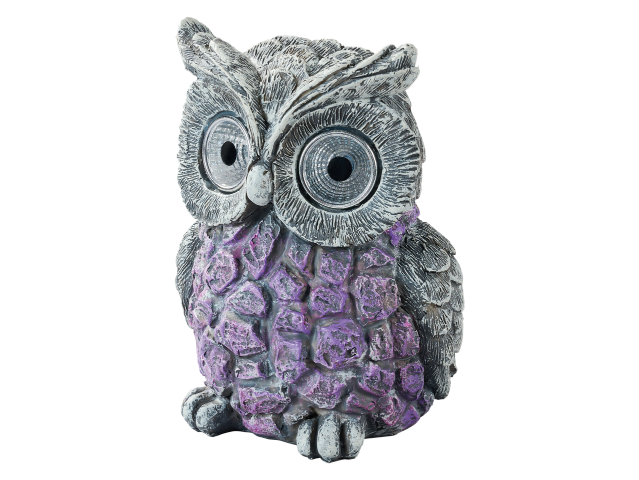 Figura solar de coruja LIVARNO LED com corpo roxo e penas cinzentas.