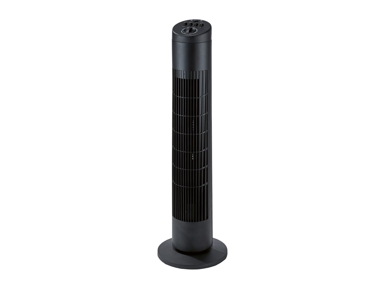 Black tower fan with control panel on top
