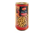 Can of green olives stuffed with red pepper paste, featuring a flamenco dancer and Iberian style.