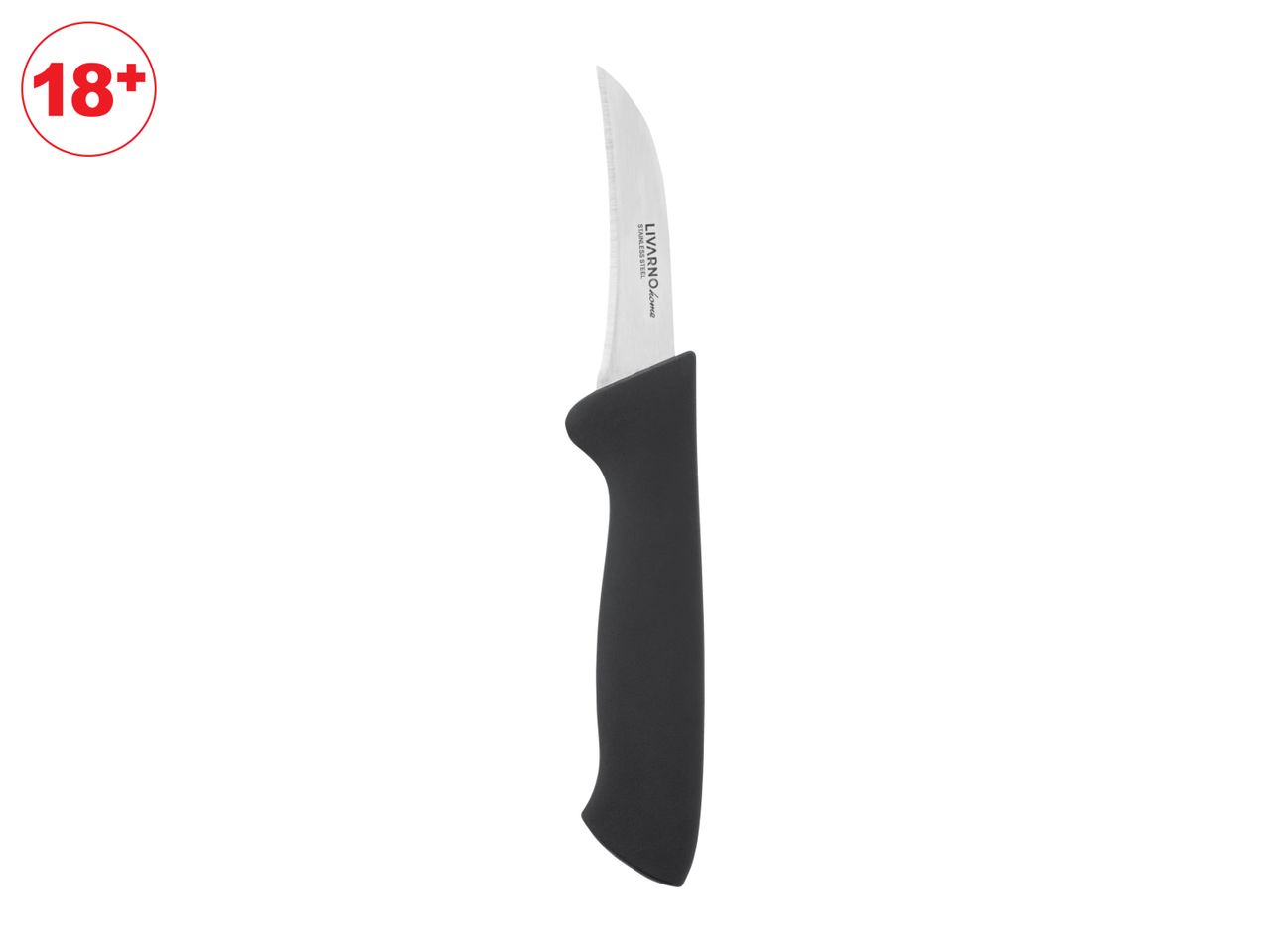 An 18' boning knife with a black handle.