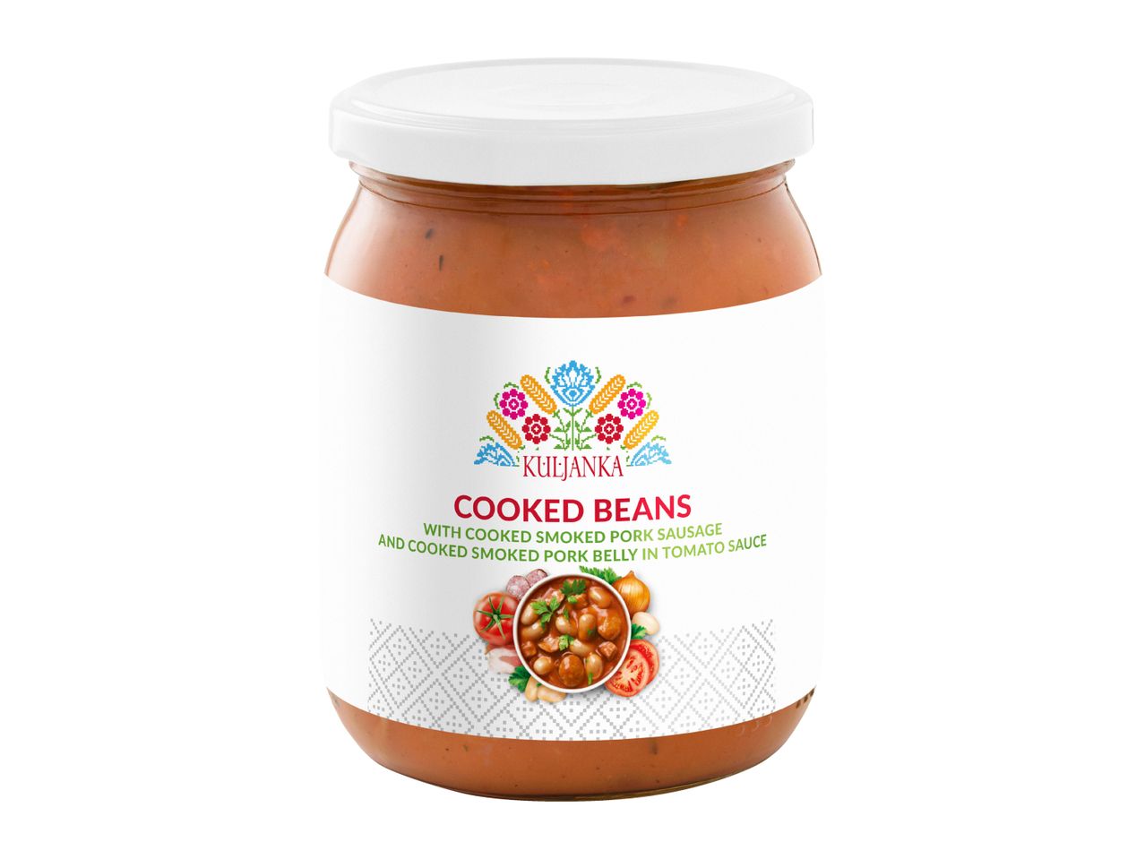Jar of cooked beans with smoked pork sausage and pork belly in tomato sauce, with a folk art label.