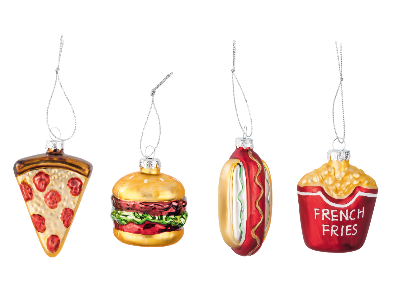 Livarno Home kalėdiniai papuošimai: picos gabalėlis, mėsainis, dešrainis ir bulvytės fri