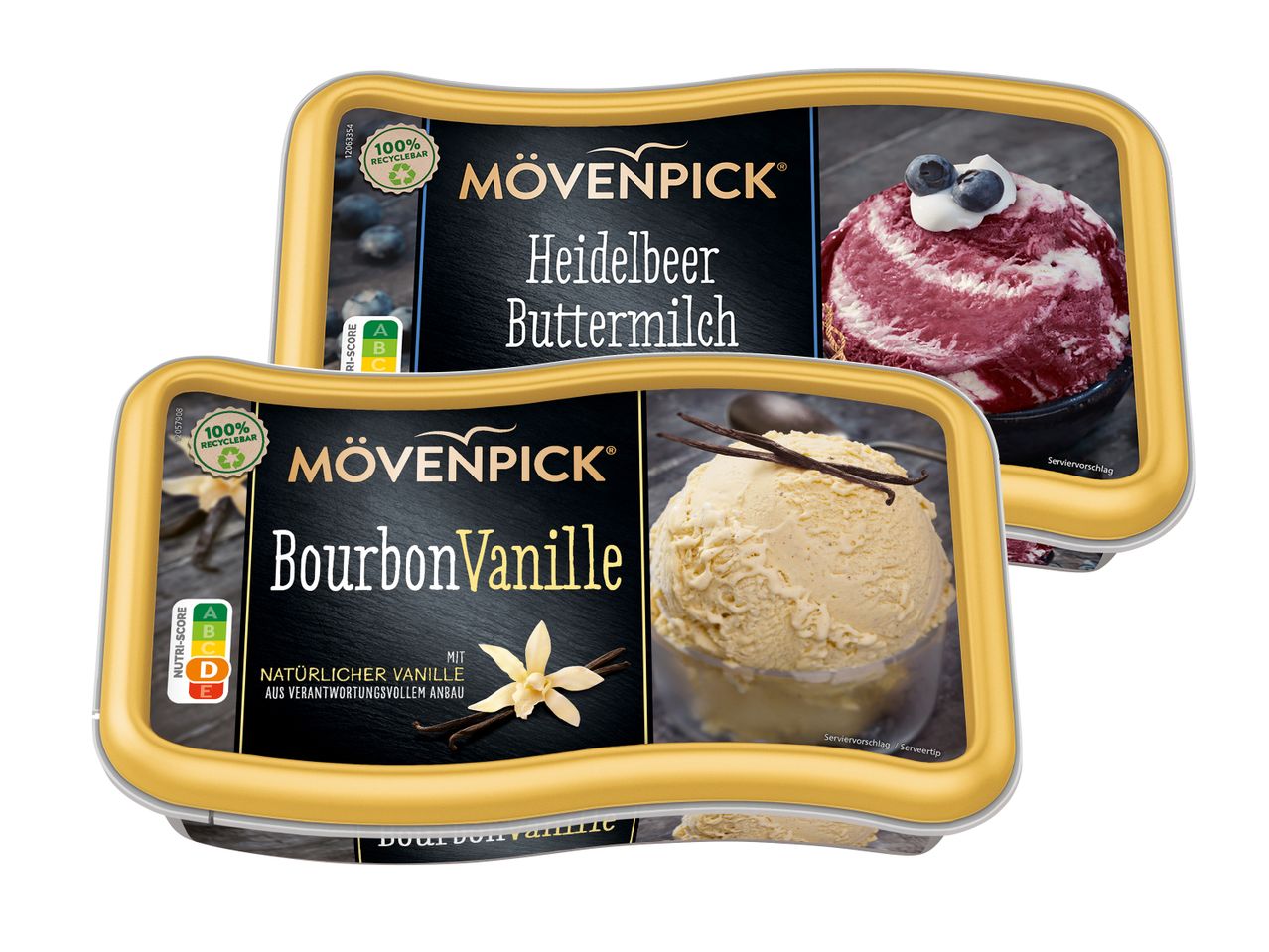 Zwei Mövenpick-Eispackungen: Heidelbeer-Buttermilch und Bourbon-Vanille.