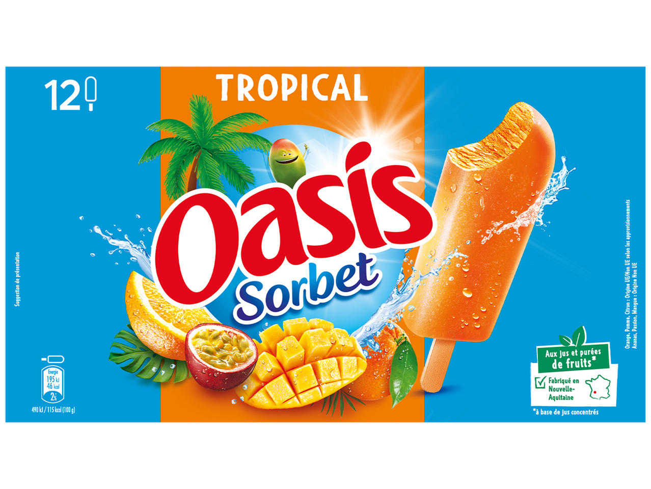 Boîte de 12 sorbets tropicaux aux fruits, avec des saveurs d'orange, mangue et fruit de la passion.