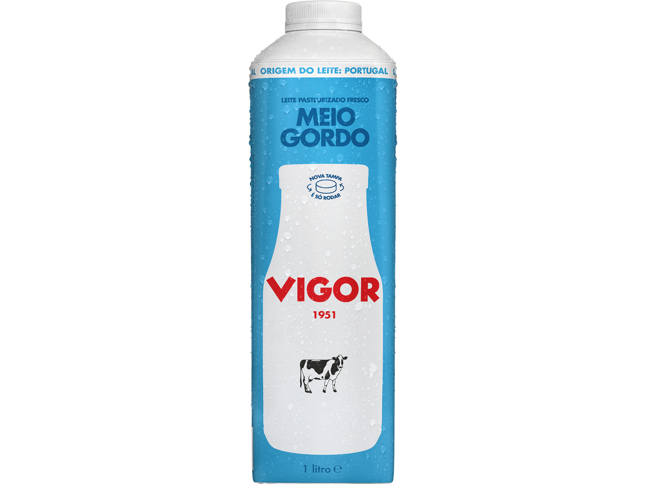 Carton de leite fresco meio gordo com ilustração de vaca e nova tampa de rosca.