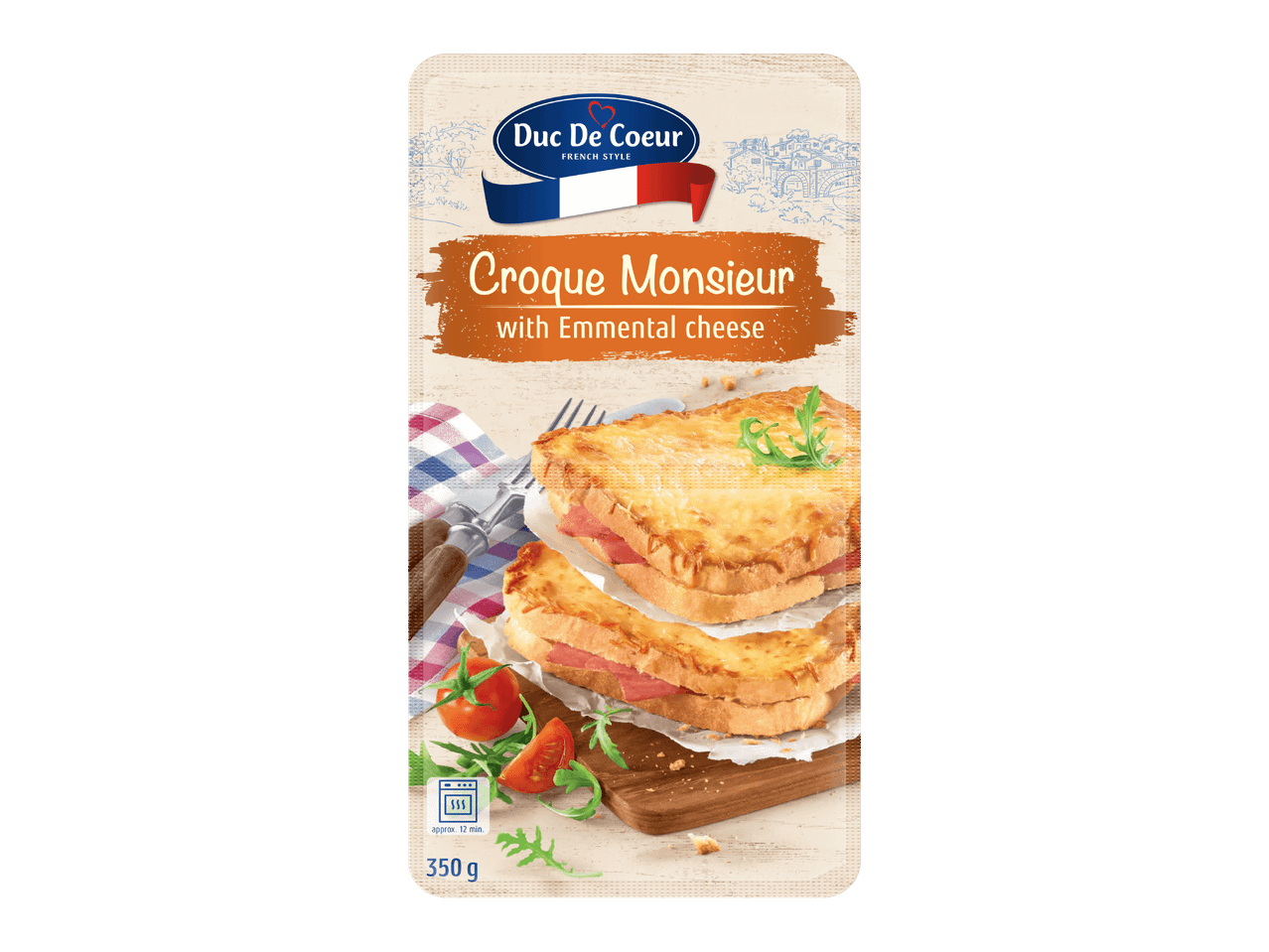 Pakkaus Croque Monsieur -leipiä Emmental-juustolla, paino 350 g.