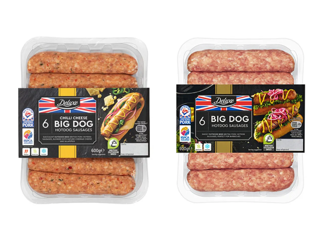 Two packs of hotdog sausages, one chilli cheese and one plain, both 600g.