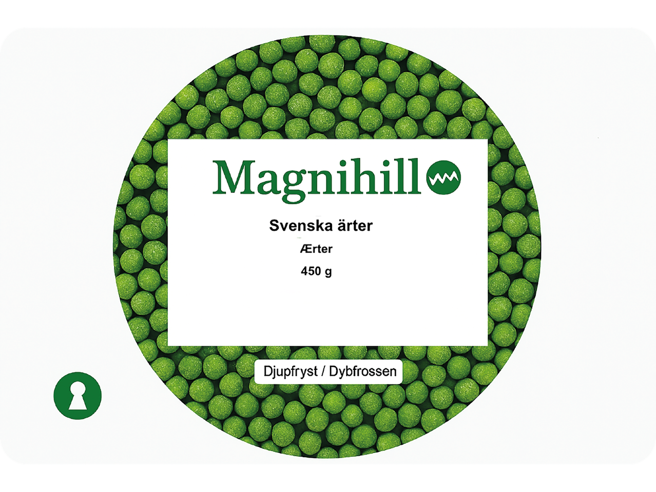 Förpackning med frysta gröna ärtor, 450 g, med texten 'Swedish ärter'.