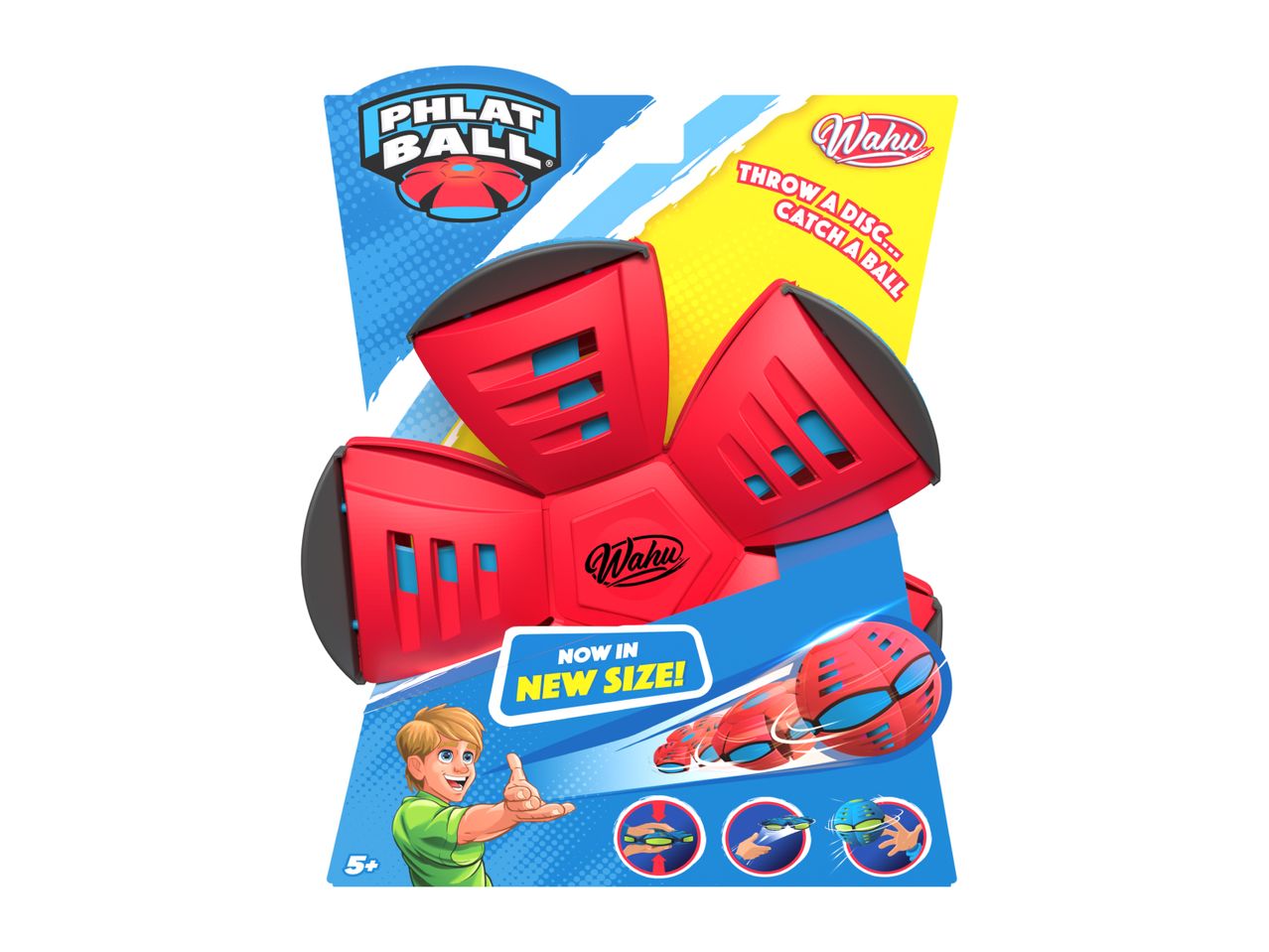 Packaging for a red and blue toy that transforms from a disc to a ball, with text 'THROW A DISC... CATCH A BALL' and 'NOW IN NEW SIZE!'