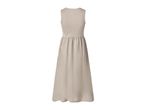 Back view of a sleeveless beige maxi dress with a gathered waist.