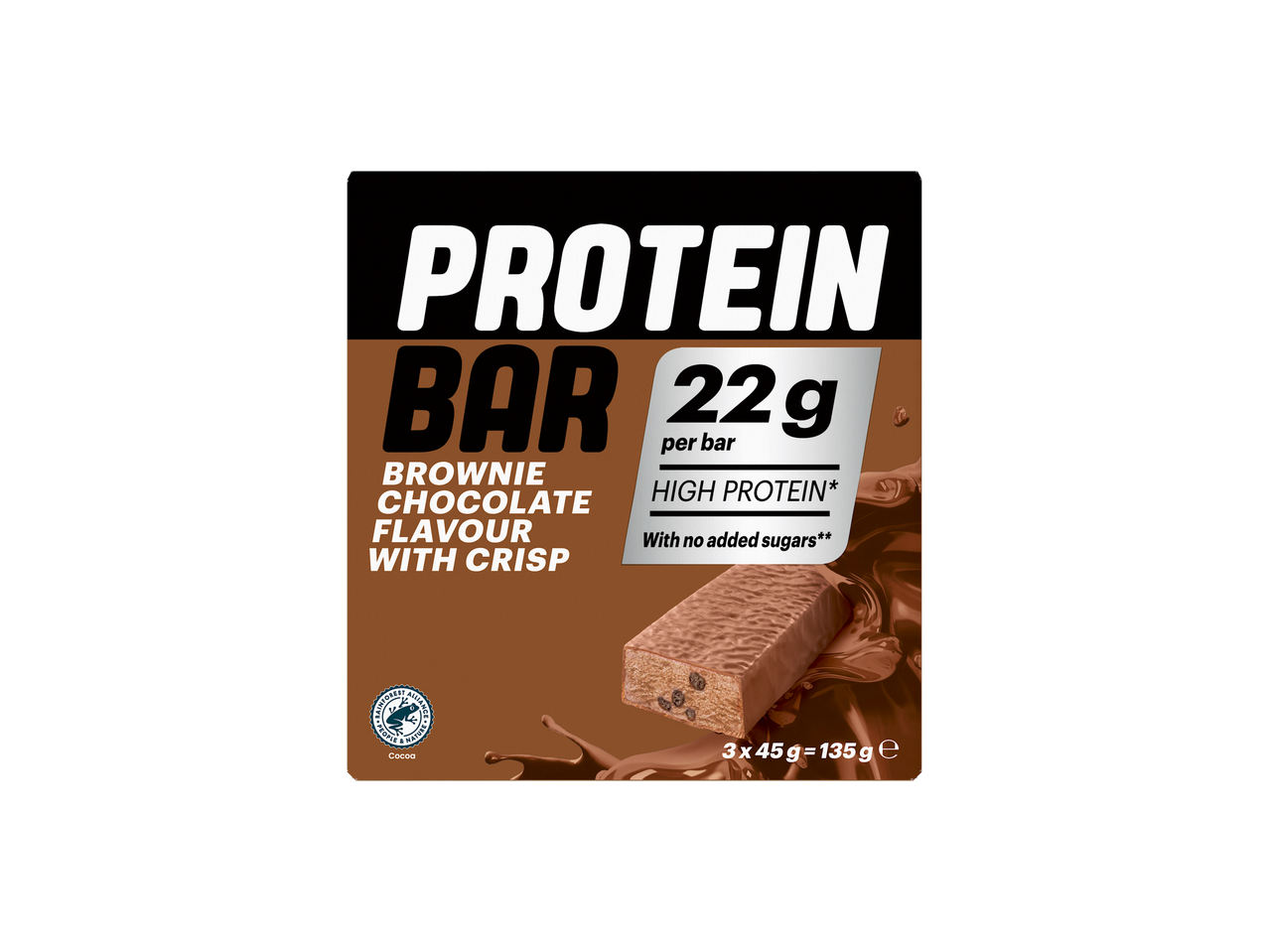 Protein szelet, brownie csokoládé ízesítéssel, roppanós darabokkal.