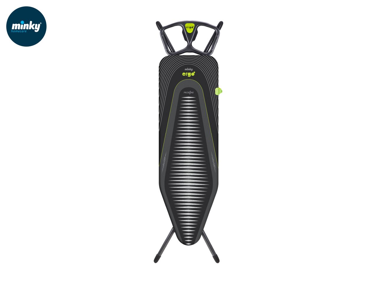 Black ironing board with a lime green and grey patterned cover, featuring a large iron rest.