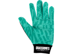 Green kids' football glove with a patterned design and 'GRASSROOTS SPORTS' logo on the cuff.