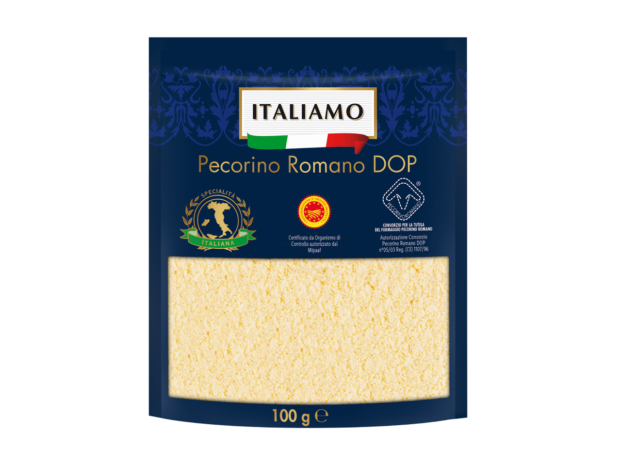 Paquet de fromage Pecorino Romano DOP râpé de 100g.
