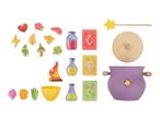 A children's wooden toy set for a witch or wizard, including a cauldron, wand, and potion ingredients.
