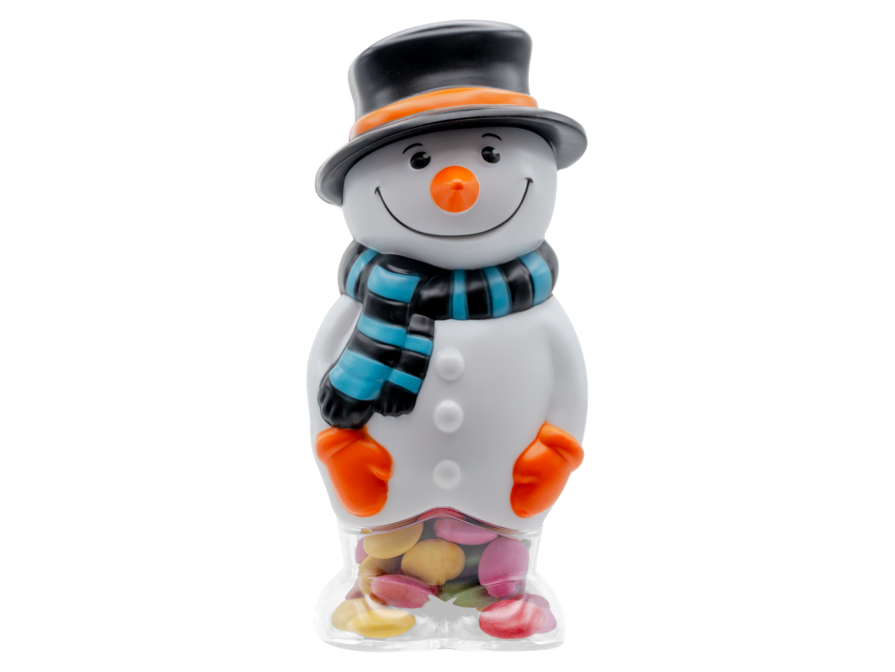 Sniegavīrs, kas pildīts ar krāsainām šokolādes konfektēm.