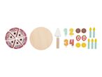 A toy birthday cake set with slices, a wooden base, candles, numbers, and fruit decorations.