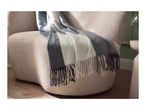 Striped throw blanket draped over a textured armchair in a cozy living room setting.