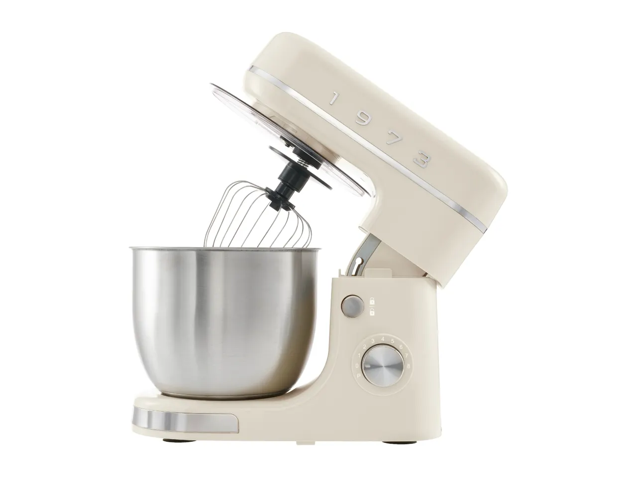 Cream-colored stand mixer with a stainless steel bowl and whisk attachment, featuring '1973' on its side.