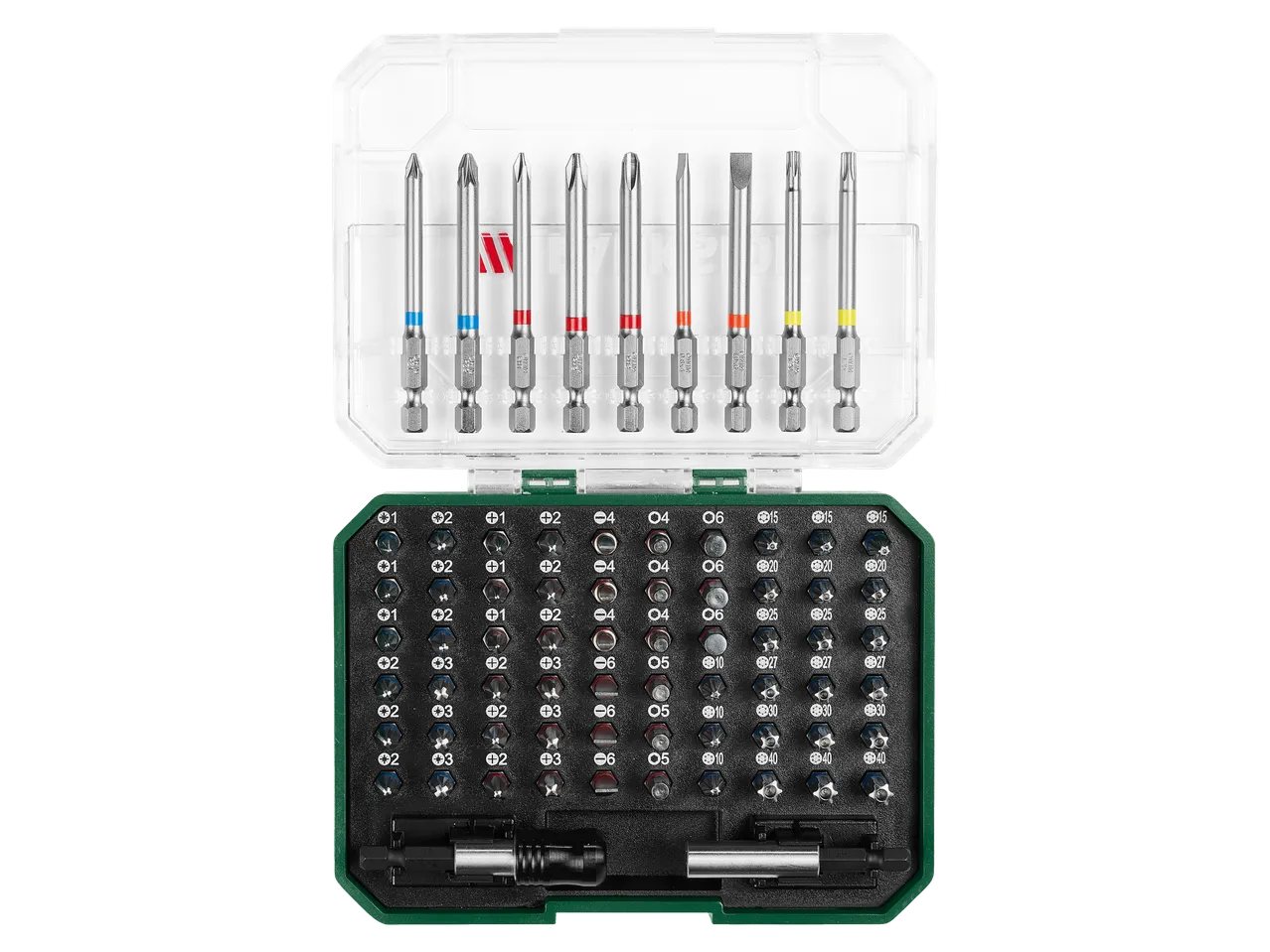 Parkside® bit and socket set in a box, including long and short bits.