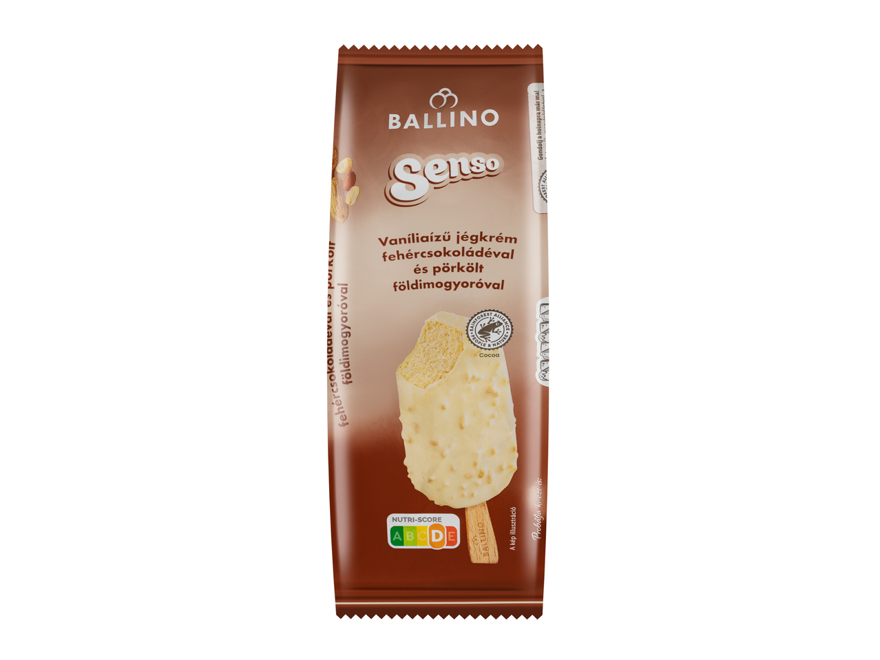 Ballino Senso vaníliaízű jégkrém fehér csokoládéval és pörkölt földimogyoróval.