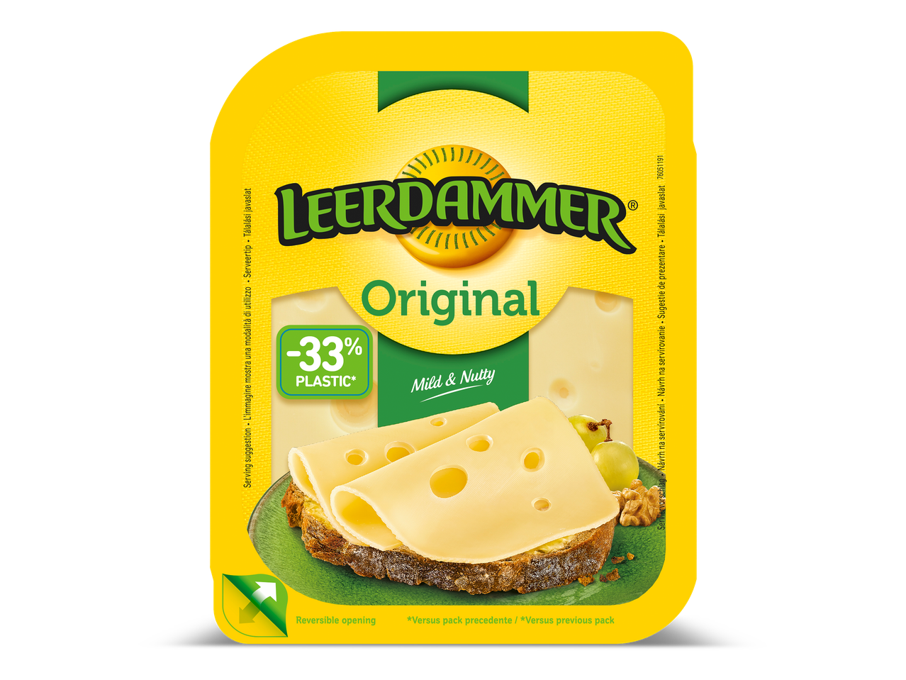 Verpakking van milde en nootachtige plakken kaas op een sneetje brood.
