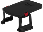 Black folding table with red accents.