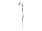 Chrome shower system with a round overhead shower and a handheld shower on a rail.