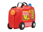 Red fire engine-themed children's ride-on suitcase with black wheels and handles.