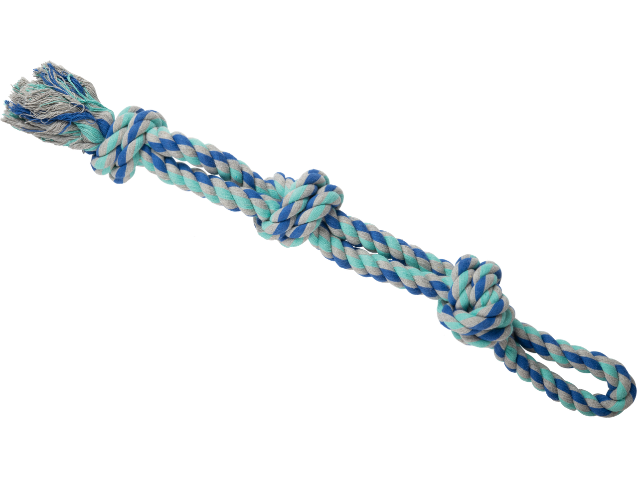 Zoofari® šuns žaislas: mėlynas, pilkas ir turkio spalvos pintas lynas su mazgais.