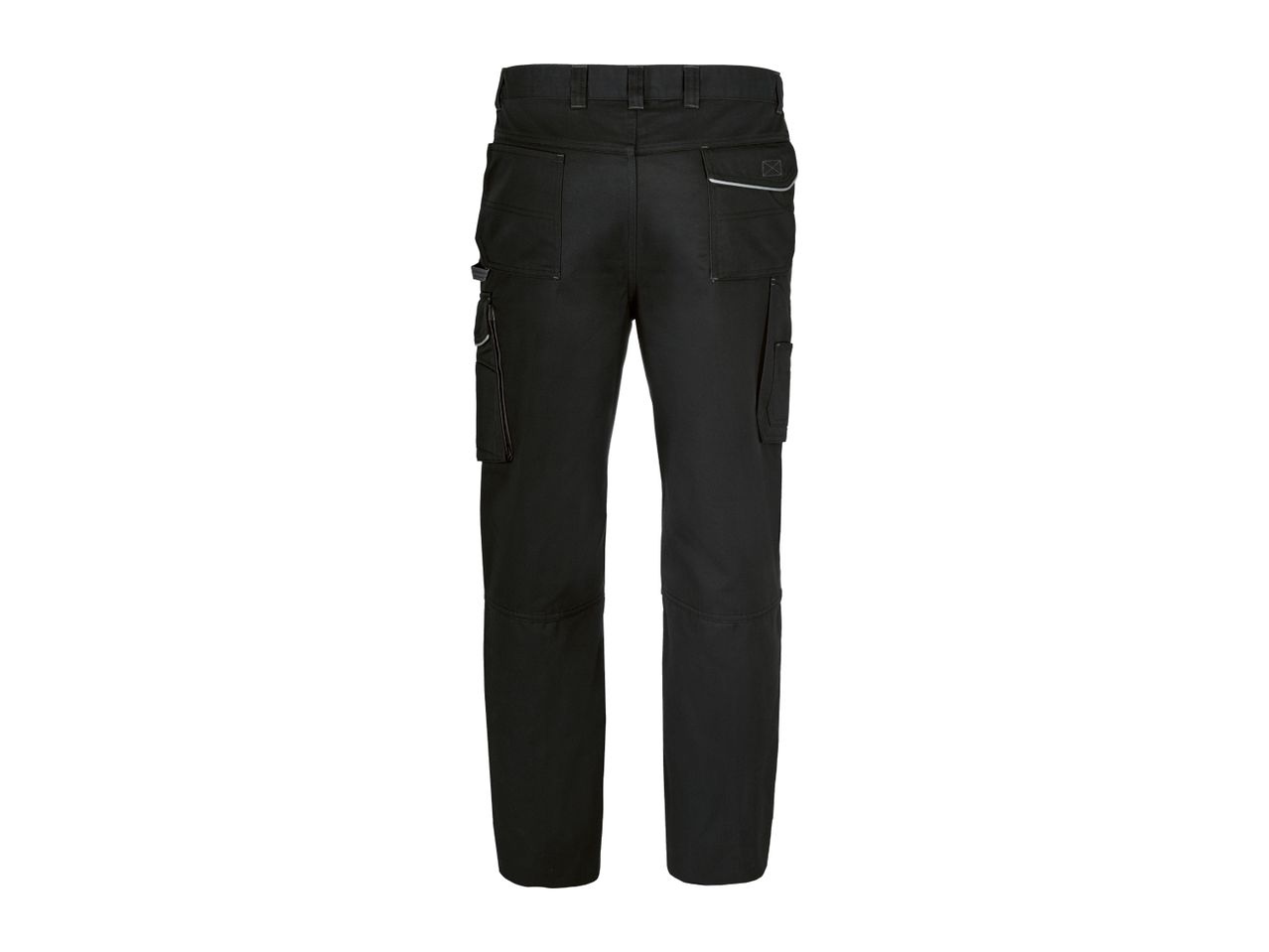 Black work trousers with multiple pockets and reflective details, back view