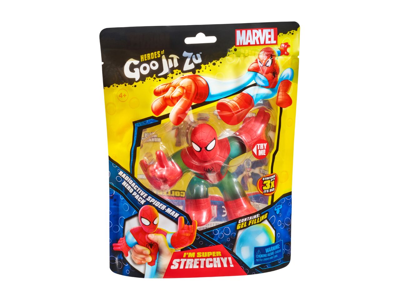 Spider-Man stretchy toy in packaging, featuring gel filling and a 'Try Me' button.