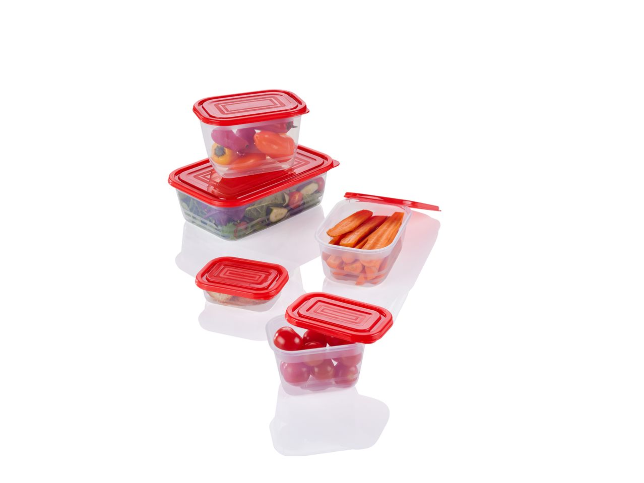 A set of red and clear plastic food storage containers.