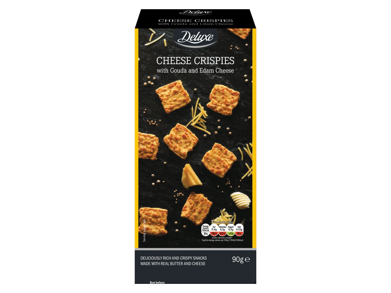 Packaging for cheese crispies with Gouda and Edam cheese, showing crackers, cheese, and butter.
