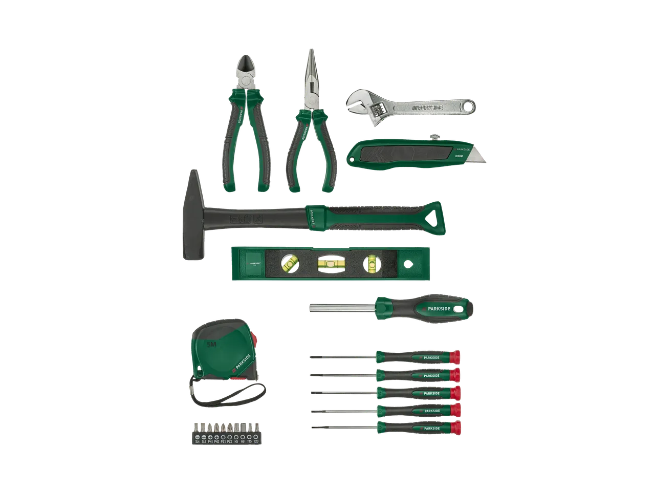 Parkside Werkzeugset mit Hammer, Zangen, verstellbarem Schraubenschlüssel, Maßband und Schraubendrehern.