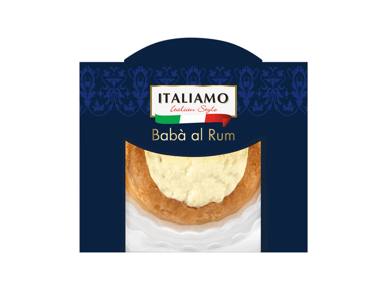 Embalagem de um bolo babà al rum com creme, com um design azul escuro e padrão.