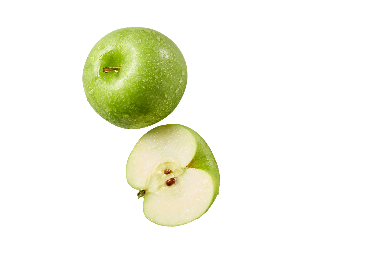 Maçã Granny Smith verde inteira e meia maçã com gotas de água