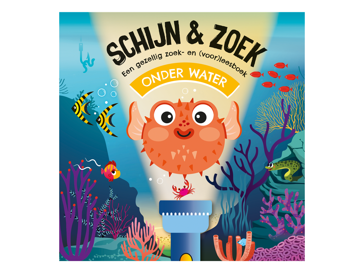 Kleurrijk kinderboek 'Schijn & Zoek - Onder water' met een getekende kogelvis in de schijnwerper.