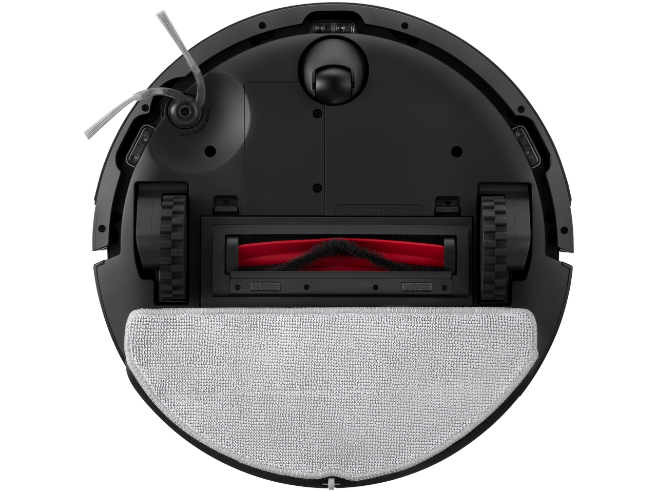 Onderkant van ROBOROCK stofzuiger- en dweilrobot, toont zijborstel, hoofdborstel en dweilpad.