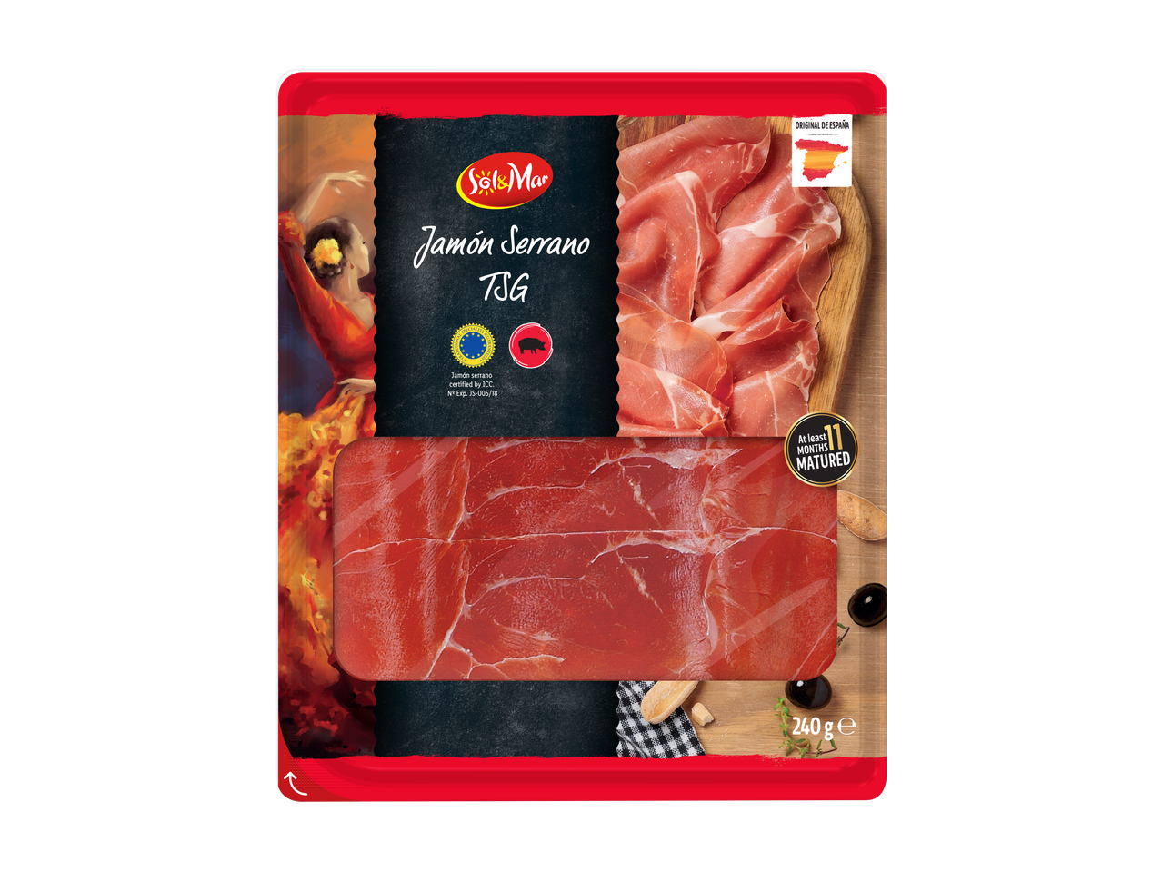 SOL Jamón Serrano, 240g, minstens 11 maanden gerijpt, origineel uit Spanje.
