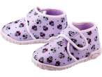 Levandų spalvos vaikiškos šlepetės su Minnie Mouse raštu.