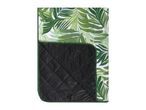 Green tropical leaf print picnic blanket with a black quilted underside.