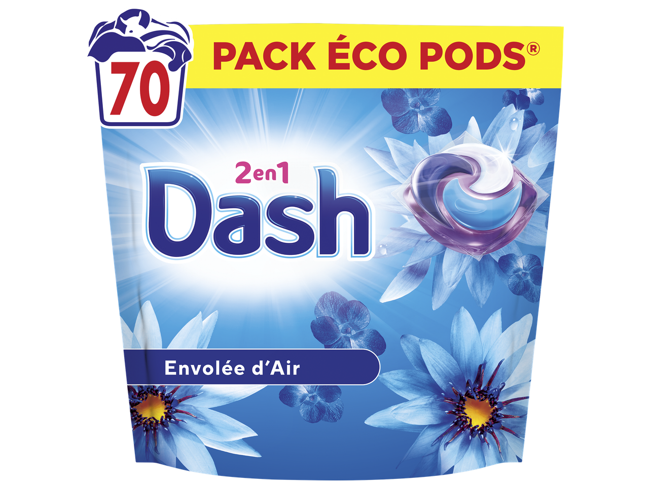 Sachet de 70 capsules de lessive 2 en 1, parfum Envolée d'Air, sur fond floral bleu.