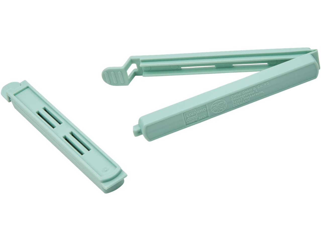 Livarno home brand plastic bag clips, light teal.