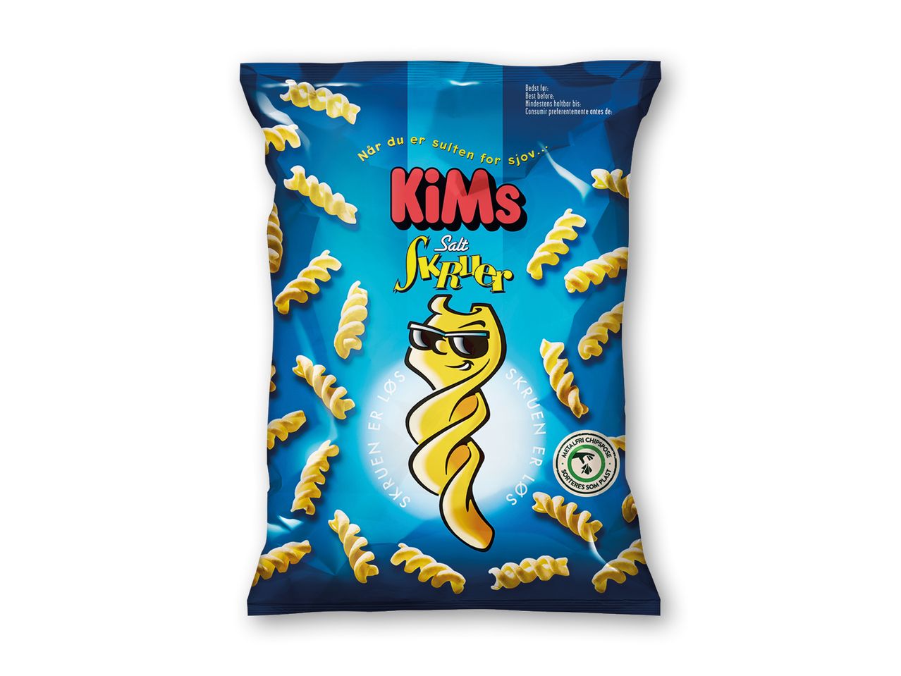 Blå pose med spiralformede chips og en tegneseriefigur med solbriller.