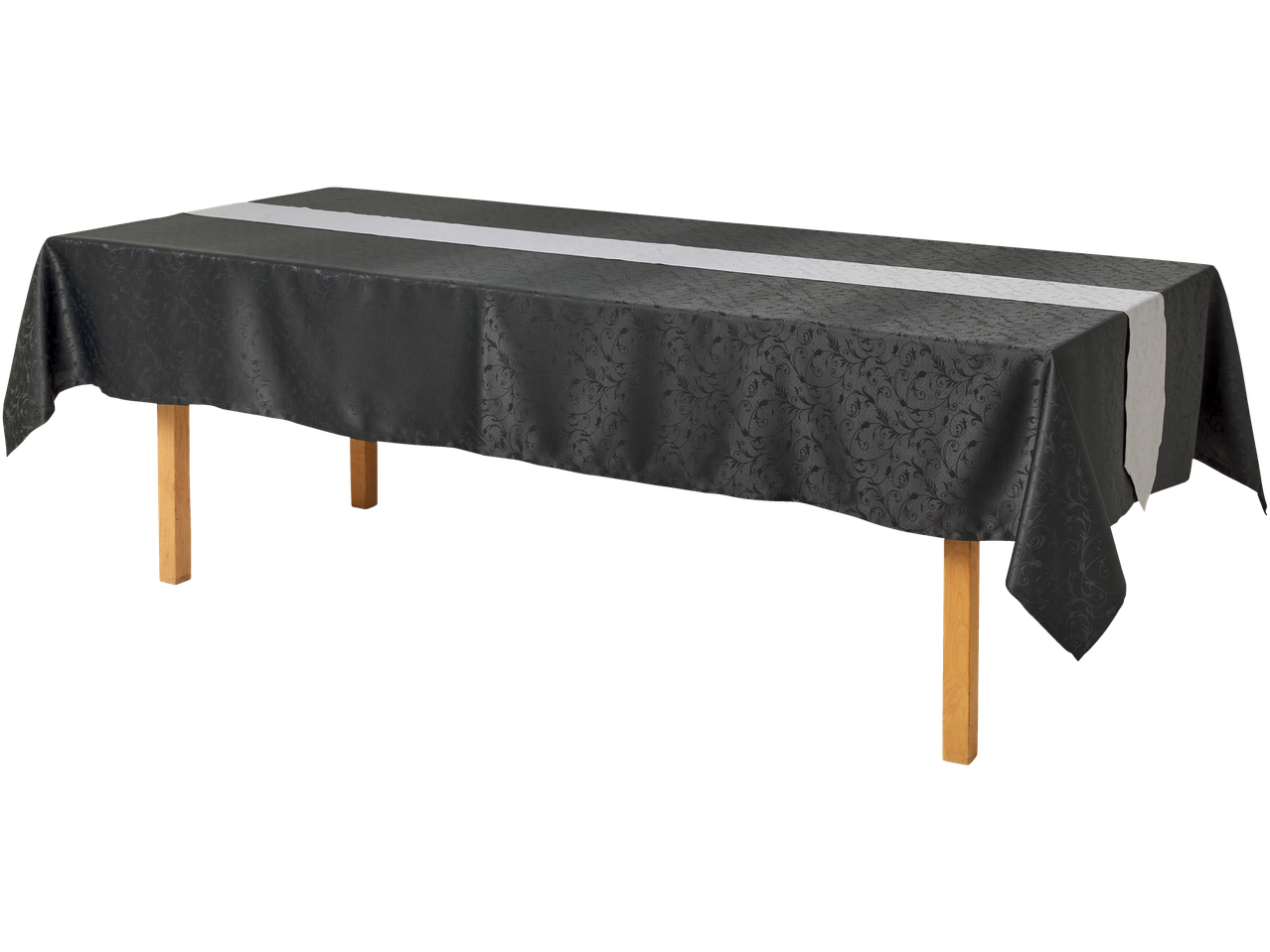 LIVARNO home Laudlinade komplekt: Must damastist laudlina halli lauajooksjaga puidust laual.