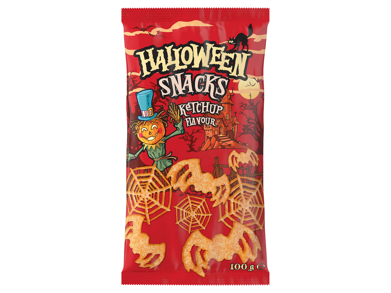 Ketchup ízű halloweeni sós snack pókháló és pók formában, 100 g-os kiszerelésben.